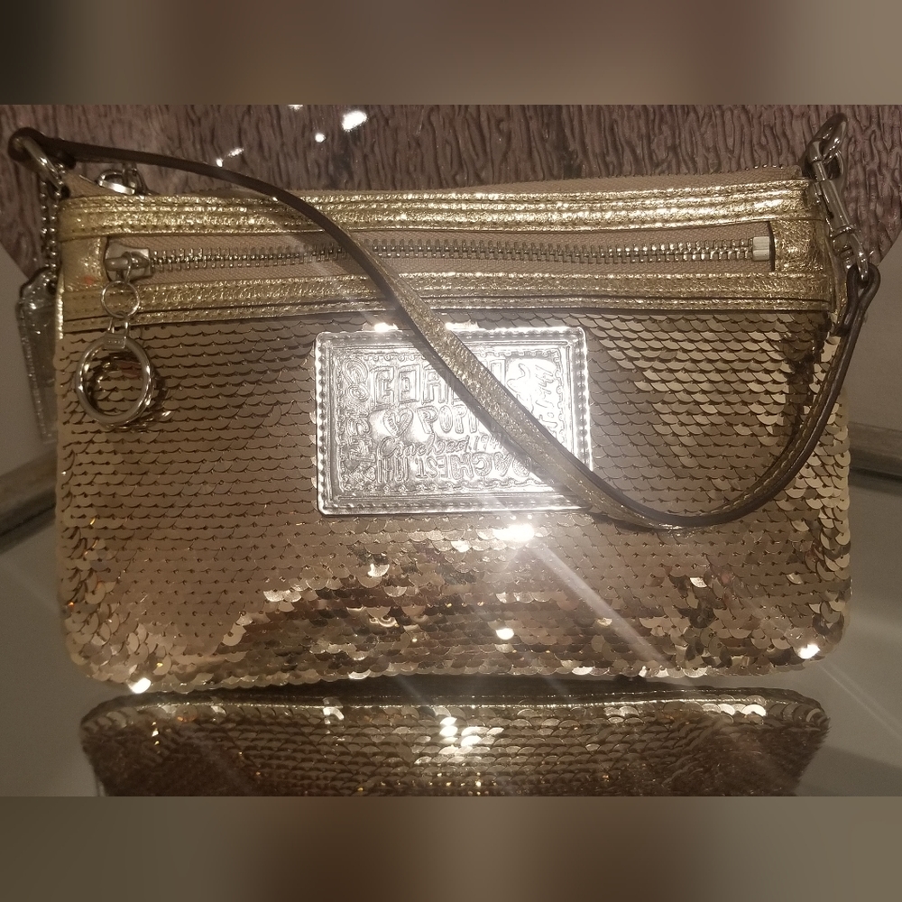 COACH Poppy Gold Sequined Large Clutch Wristlet